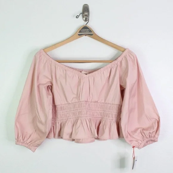 A04 Open Edit Off the Shoulder Blouse Poplin Organic Cotton Peplum Crop Top sz S - Picture 2 of 6